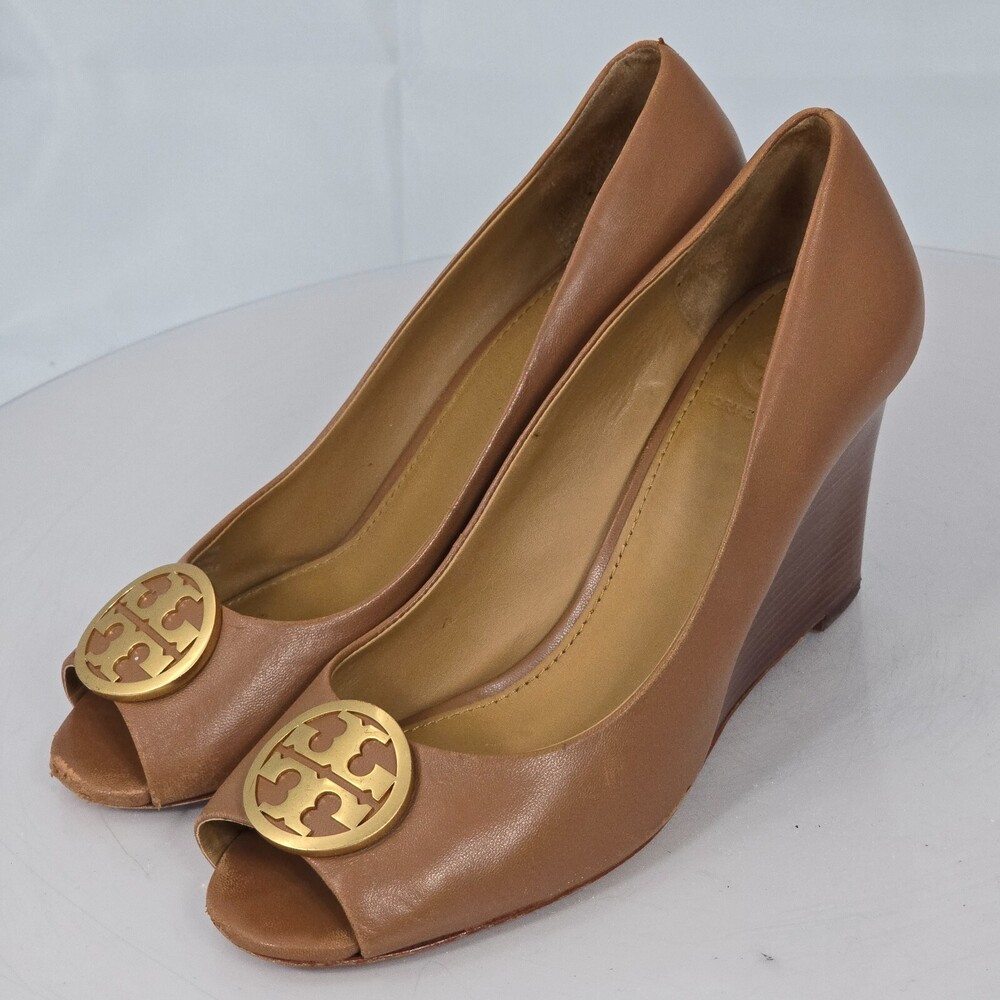 Tory Burch 7.5 Benton 2 85mm Open/Peep Toe Tan Brown/Gold Leather Wedges/Heels